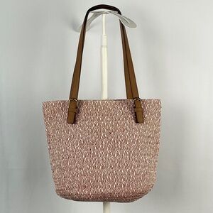 Sonoma | Leather and Straw Bucket Tote | Brick and Cream